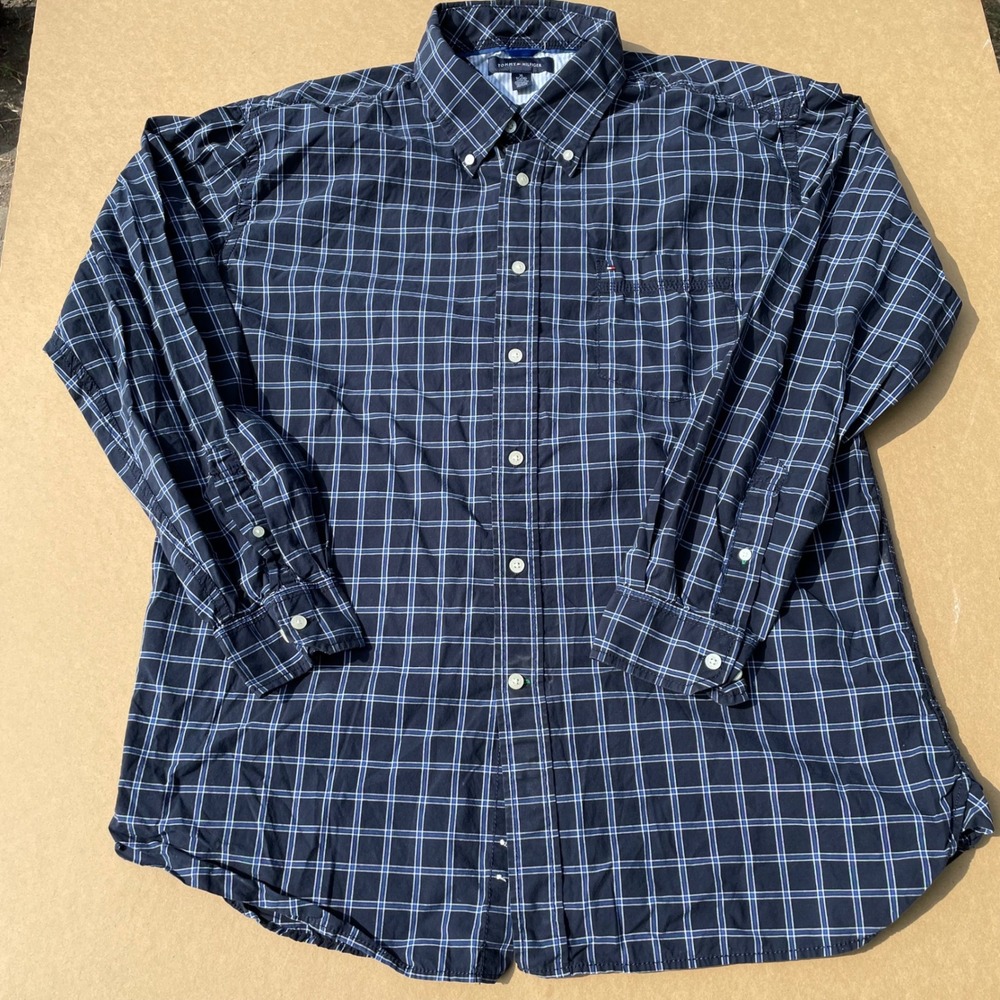 Tommy Hilfiger Button Down Shirt Mens XL Blue Pre-owned Excellent Grid Plaid